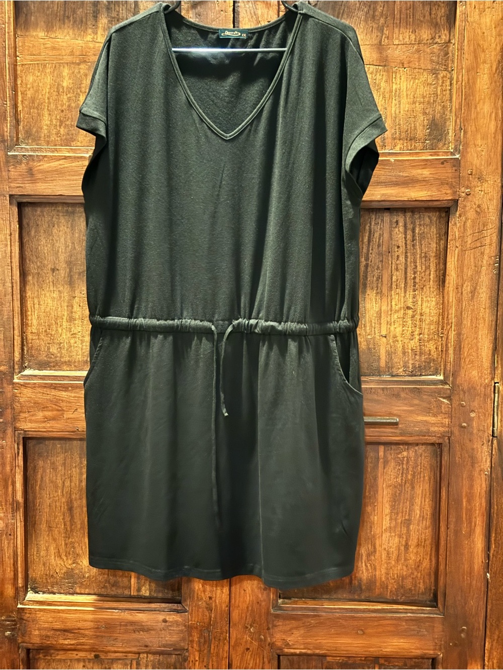 Women's Drawstring V-Neck Black Jersey Dress - Unknown Brand XXL casual weekend